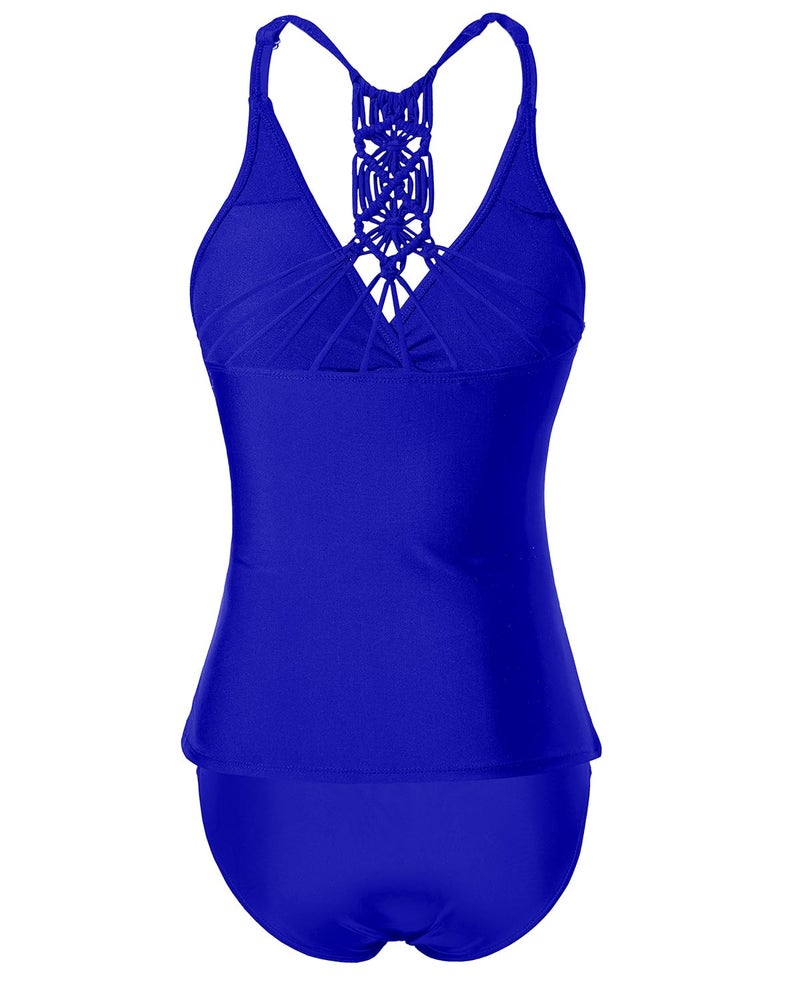 Holipick Women Royal Blue Tummy Control Two Piece Tankini Set Swimsuit V Neck Tankini Top Bathing Suits with Bikini Bottom L(US 12-14) - Image 3